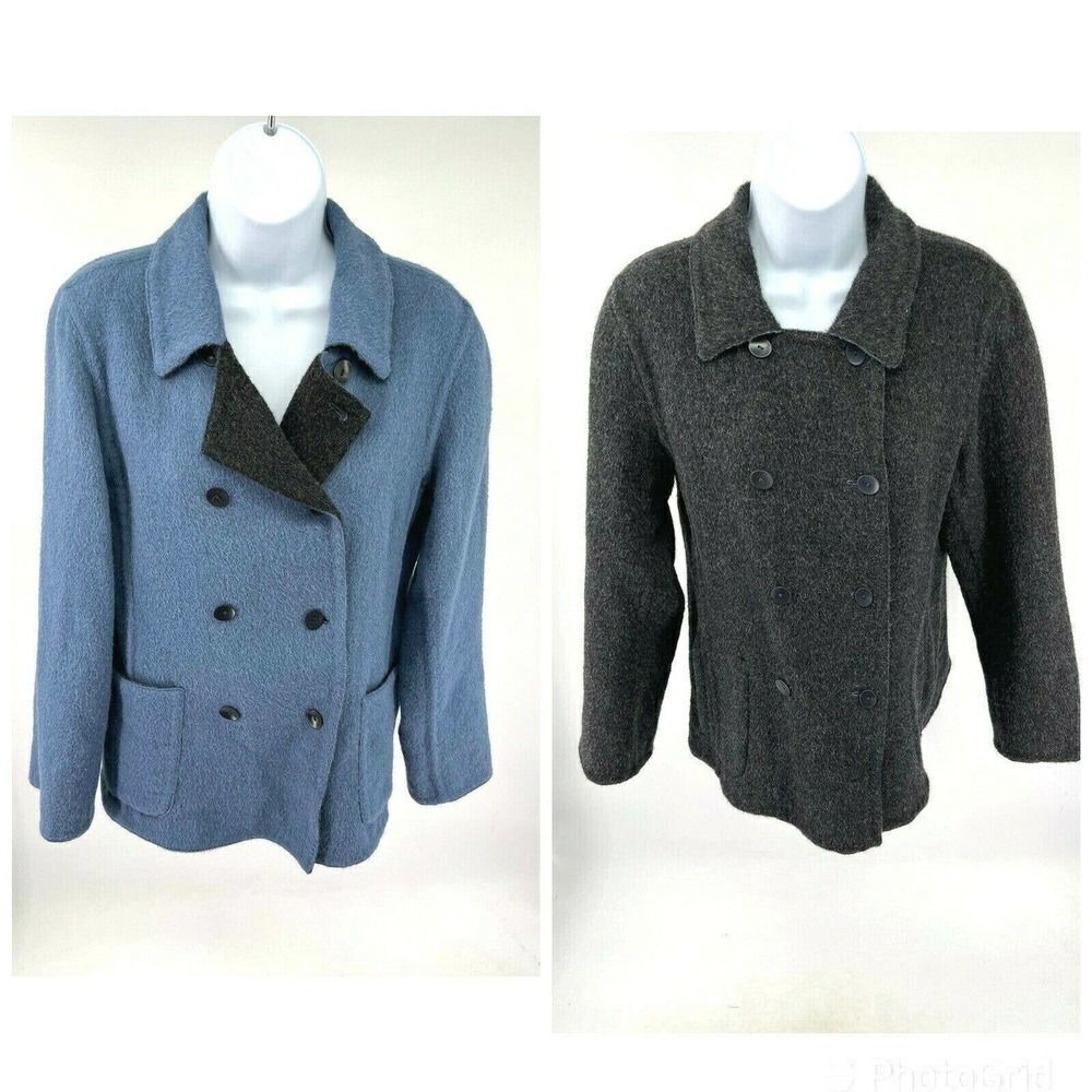 J. Jill Alpaca‎ Wool Jacket Small Petite Blue Gray Reversible Double Breasted